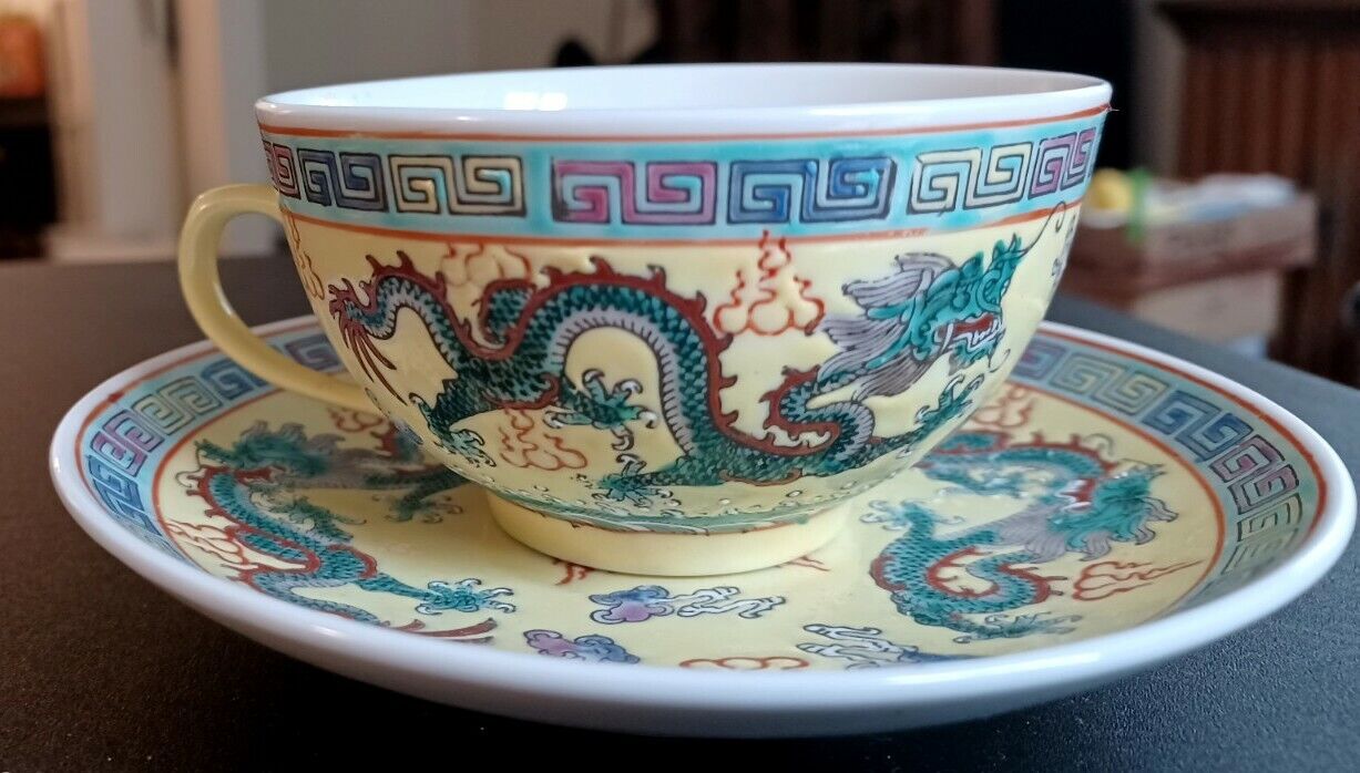 Chinese Jingdezhen Dragon Yellow Tea Cup And Saucer
