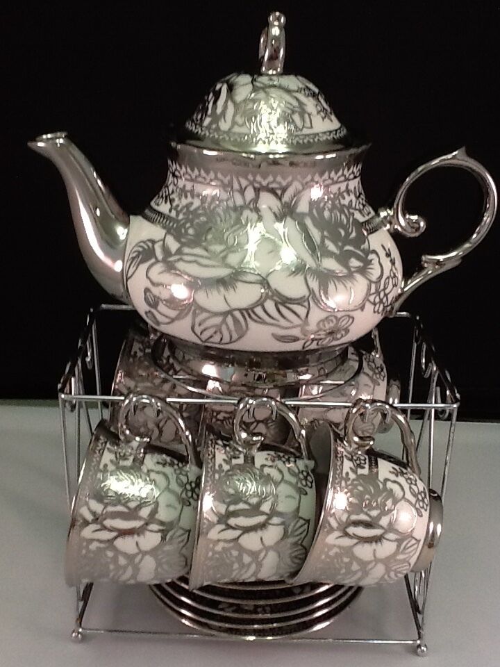 20pc Chinese Tea Sets - Tea Pot & 6 Cups & Saucers W Rack.silver Color 3 Oz Cups
