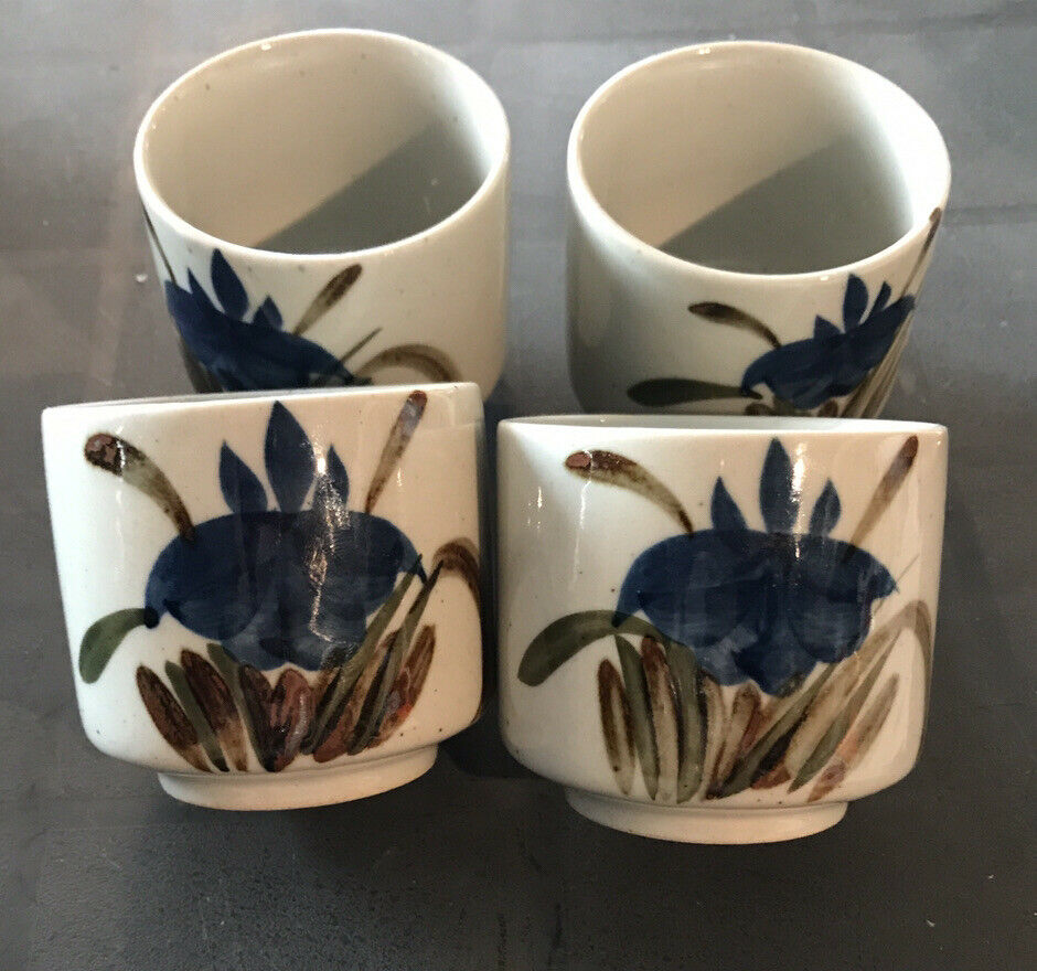 Set Of 4 Hand Painted Small Stone Ware Cups No Handles From Japan