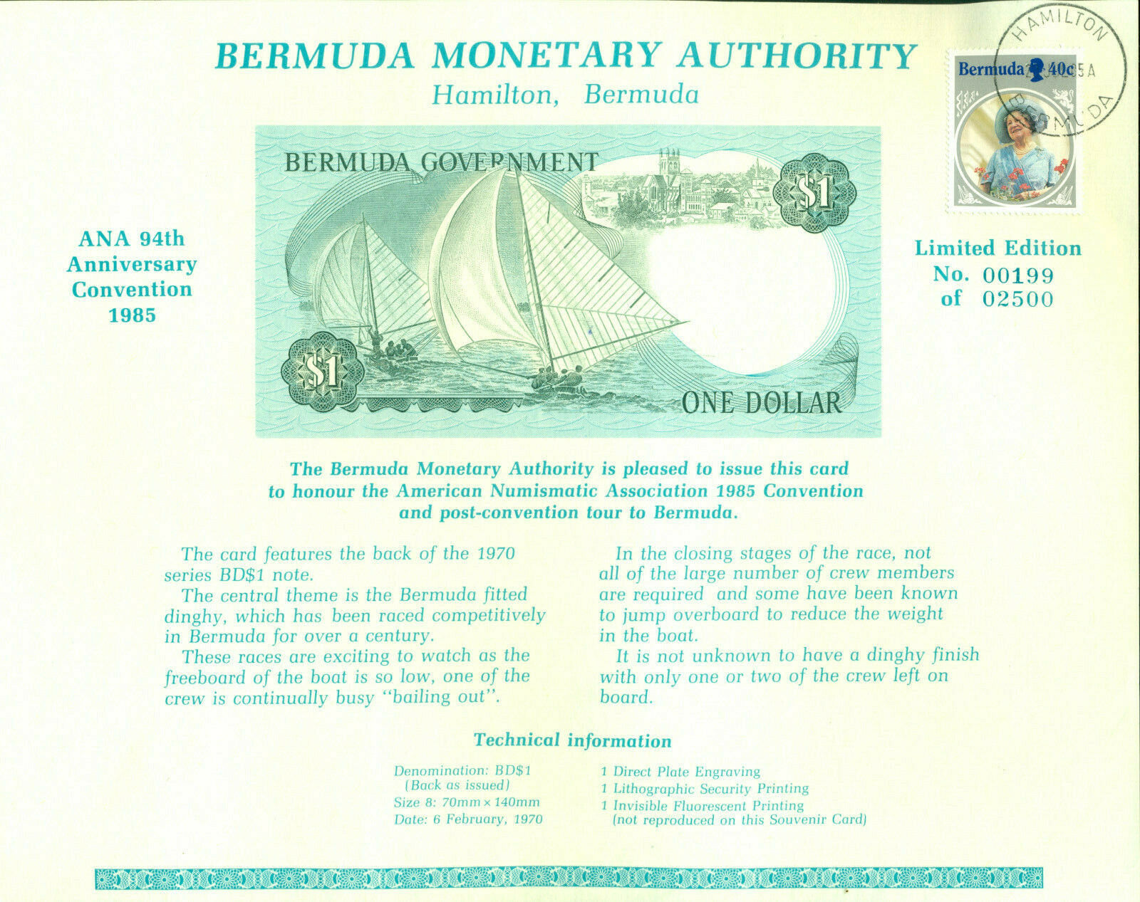 Show Cancelled Souvenir Card - 1985 Bermuda Monetary Authority