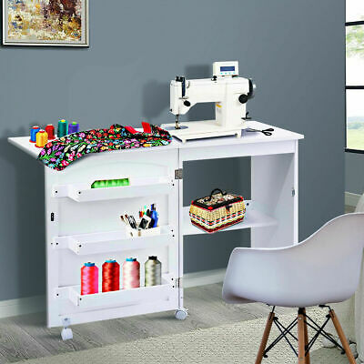 White Folding Sewing Craft Table Shelves Storage Cabinet Home Furniture W/wheels