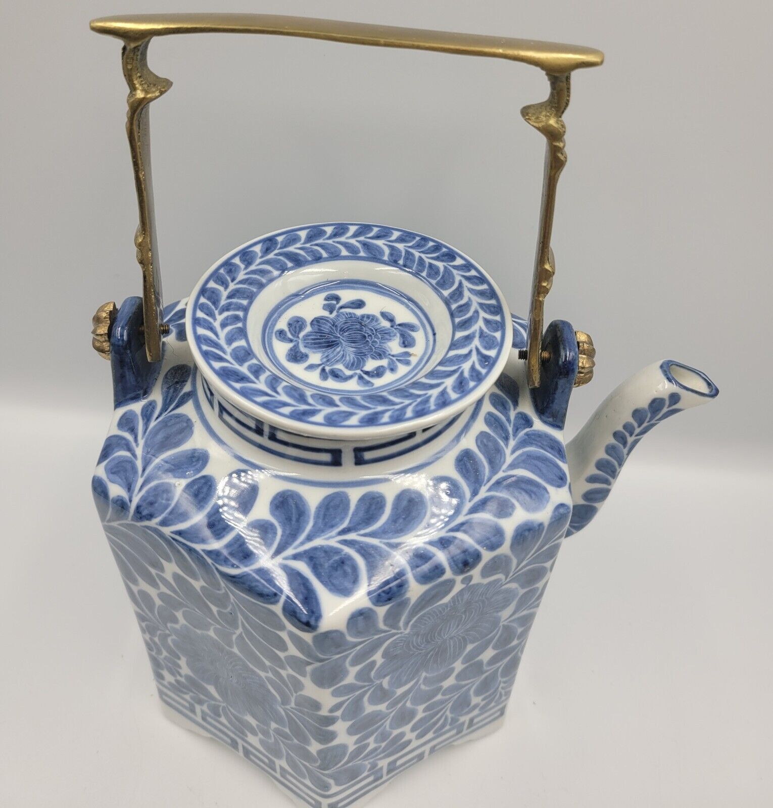 Vintage Blue White Hexagon Teapot Brass Handle Chinese Handpainted In Thailand
