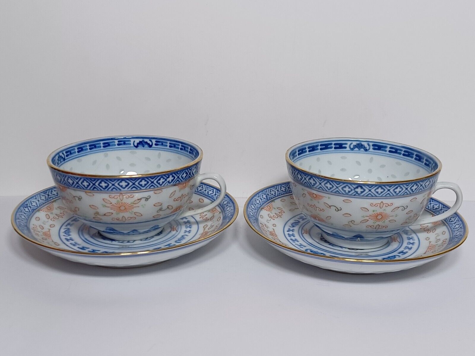 Vintage Chinese Porcelain Rice Eyes Blue White Red Cup & Saucer Pair Dragon